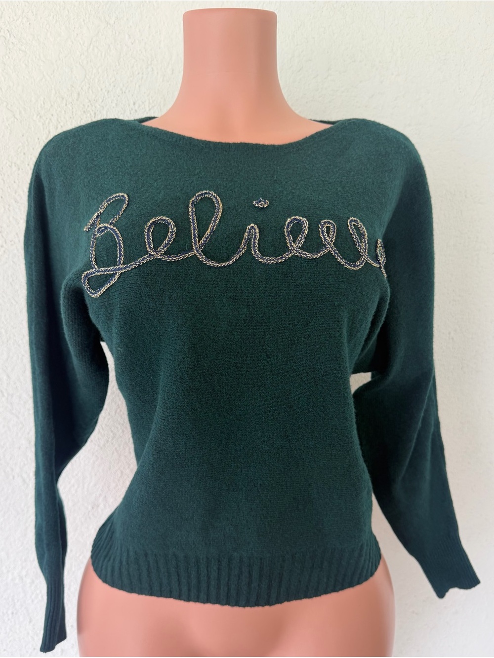 Embellished 'Believe' Forest Green Women's Crew Sweater